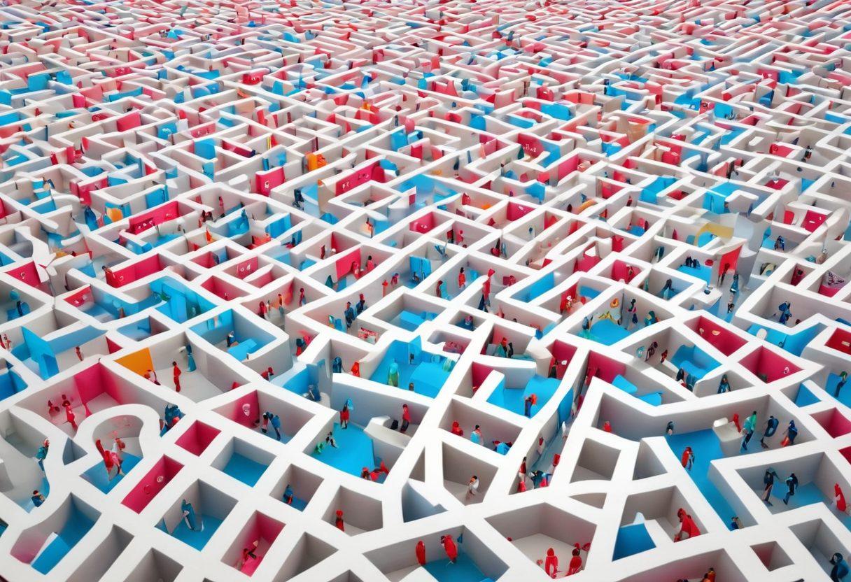 An intricate maze symbolizing the complexity of health insurance, with signs pointing to 'Affordable Coverage' and 'Benefits'. Include diverse individuals navigating the maze, looking relieved and enlightened. Use vibrant colors to bring a sense of optimism and hope, while incorporating health icons like stethoscopes and insurance cards throughout the maze. super-realistic. vibrant colors. white background.