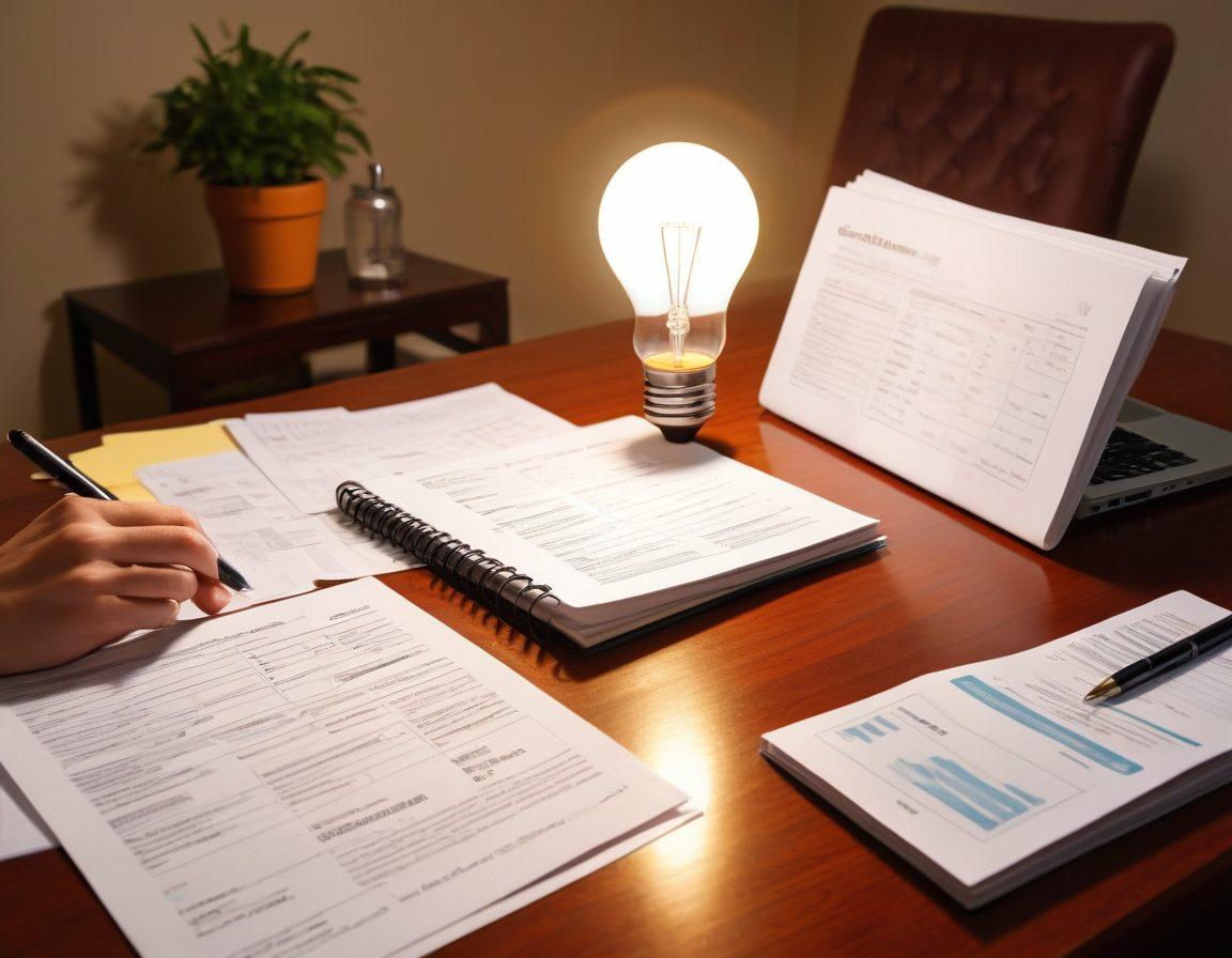 A thoughtful person sitting at a desk covered with healthcare insurance documents, a laptop open displaying a comparison of quotes, a calculator in hand, and a cup of coffee to the side. An open notebook with notes on healthcare solutions and an illuminated light bulb above, symbolizing ideas and clarity in decision-making. Warm, inviting colors to convey a sense of comfort and understanding. super-realistic. vibrant colors.