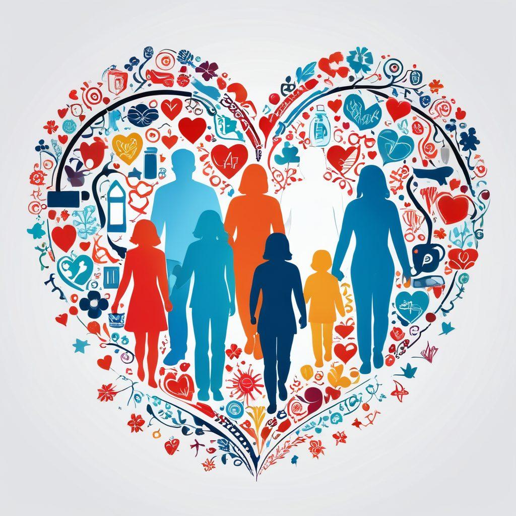 An abstract representation of a family transitioning from a group health insurance plan to personalized individual plans. Visualize diverse family members, each depicted with unique icons symbolizing their individual health needs, surrounded by flowing paths of color representing coverage options. The background should feature a blend of comforting and vibrant colors to evoke a sense of security and care. super-realistic. vibrant colors. white background.
